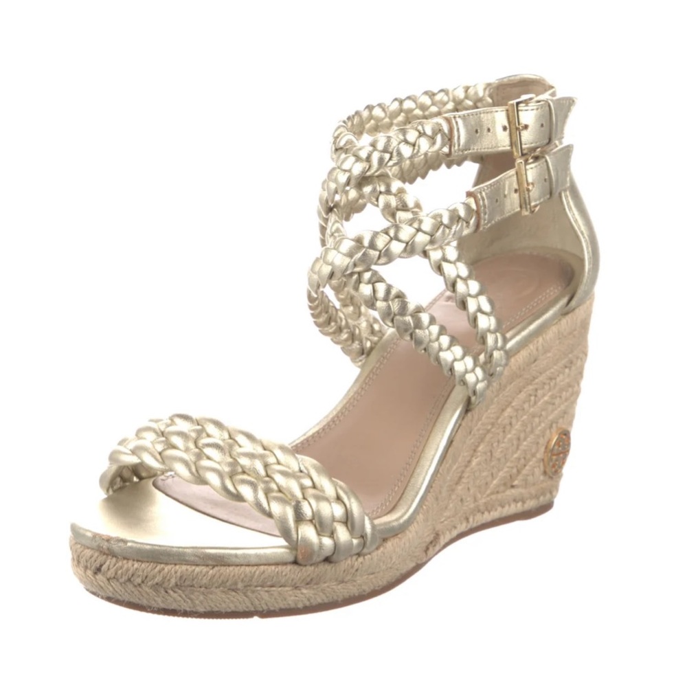 Tory Burch Bailey Metallic Leather Braid Espadrille Wedge Platform Sandals Gold - Picture 15 of 15